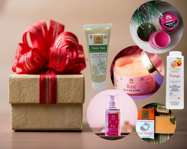 Gift Pack 1001 - Rose Shampoo (125 ml), Neem Tulsi Face Wash (65 gm), Magenta Lip Colour, Rose Face & Body Gel (40 gm), Pure Orange Soap (100 gm), Orange Face Powder & Deo (100gm)