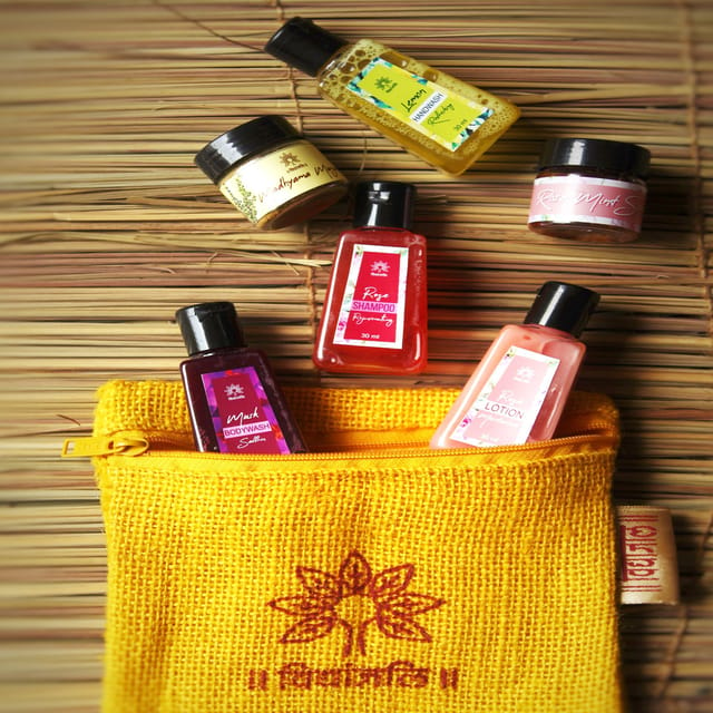 Gift Pack 300 - Beauty Travel Kit - Rose Mint Scrub 10g, Rose Shampoo 10g, Rose Lotion 30ml, Lemon Handwash 30ml, Madhyama Manjan 30ml, Musk Bodywash (Coconut oil, Aqua, Musk Saffron Fragrance and colour) 30ml